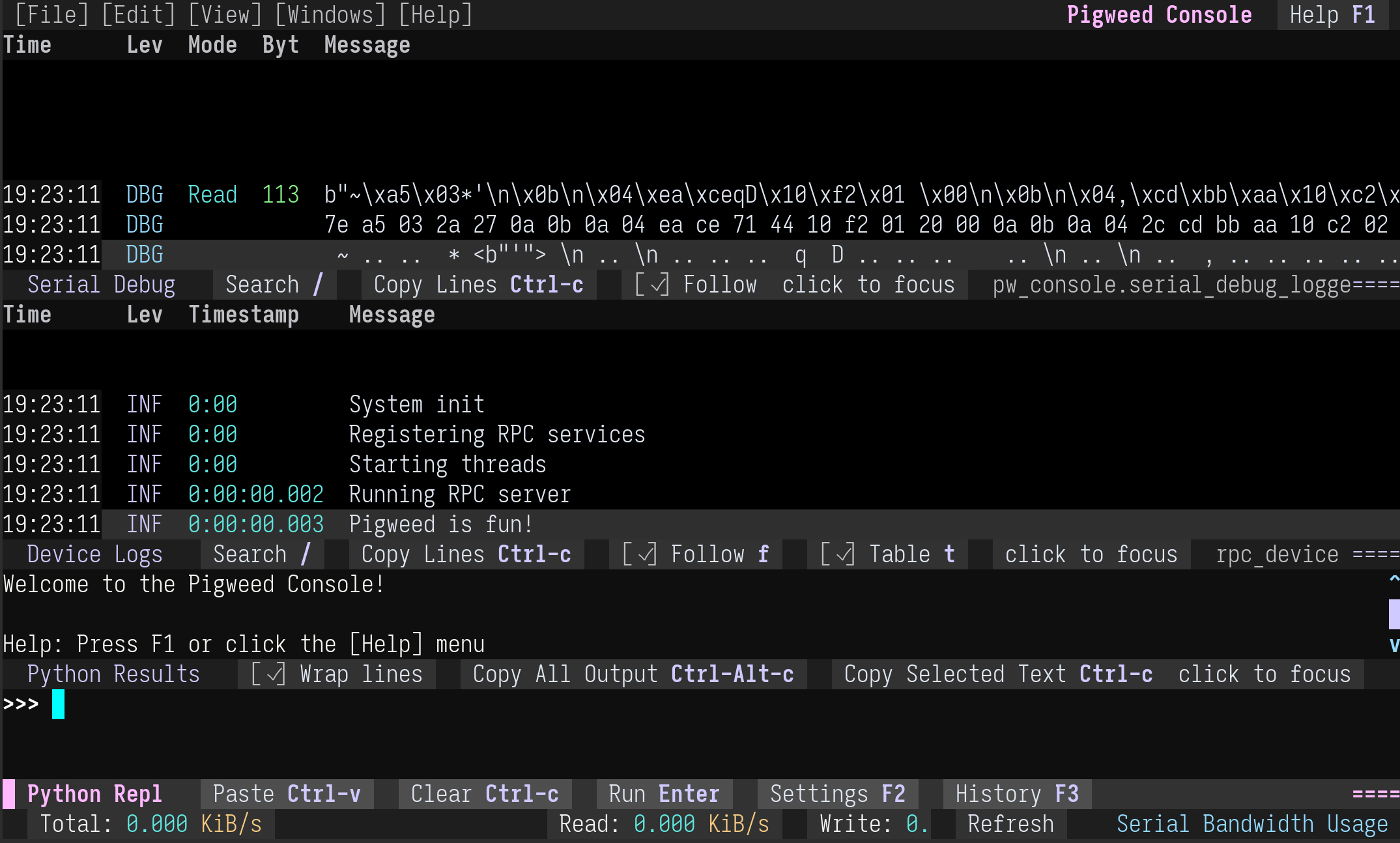 Pigweed Console screenshot with serial debug log messages.