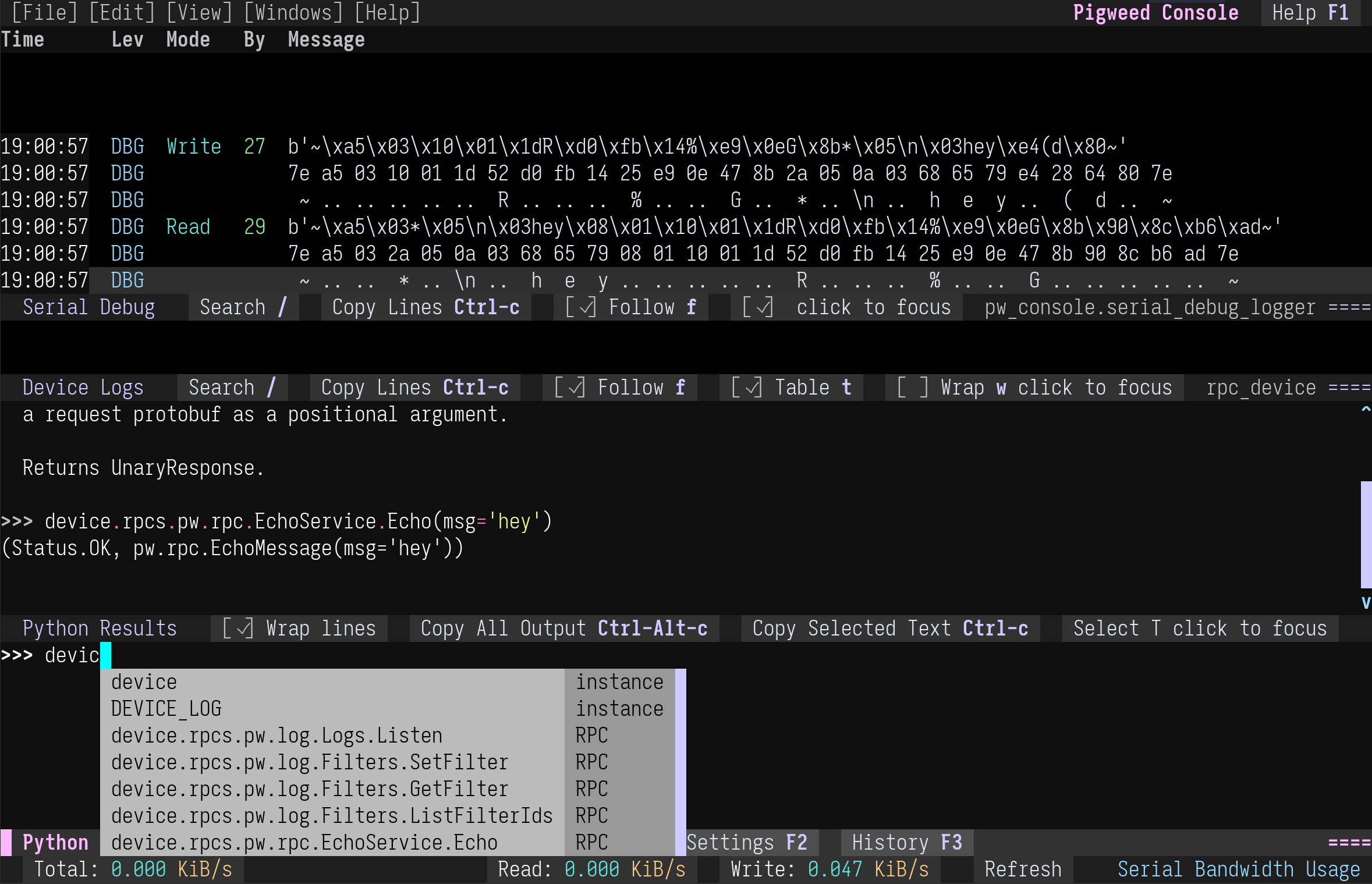 Pigweed Console screenshot showing RPC Python repl completions.